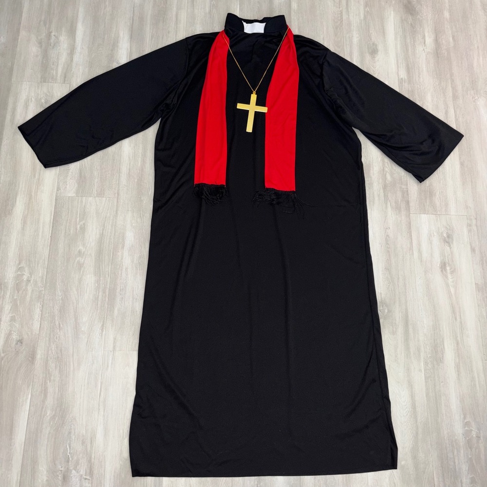 Spirit Halloween Priest Costume Mens Plus Size Black Robe Red Stole Cross